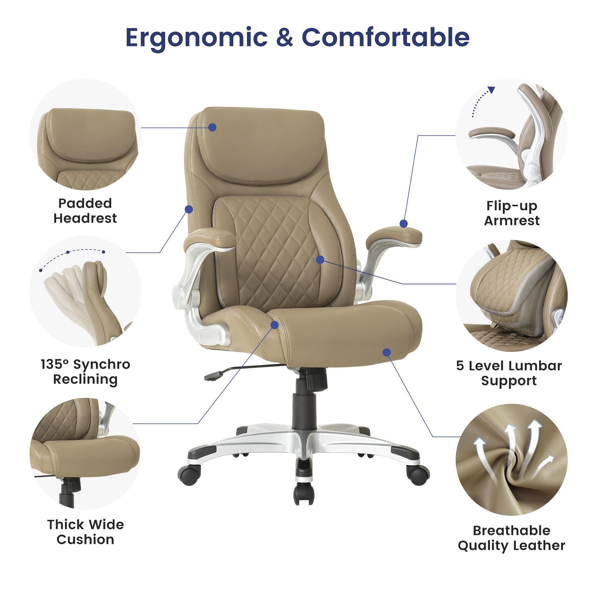 Ergonomic Office Chair Premium Microfiber Leather Adjustable Lumbar Support & Armrests, High Back Comfy Desk Gaming Chairs Executive Computer Swivel Chair Tilt Function(Posture,Taupe)