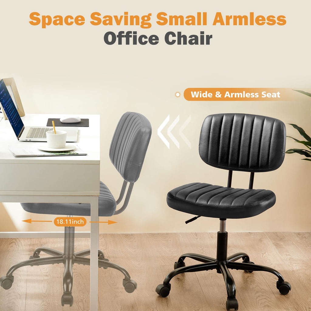 Small Office Desk Chair - Armless PU Leather with Comfy Lumbar Support, Height Adjustable Rolling Swivel Task for No Arms, for Adult, Student, Bedroom, Home, Vanity, Black