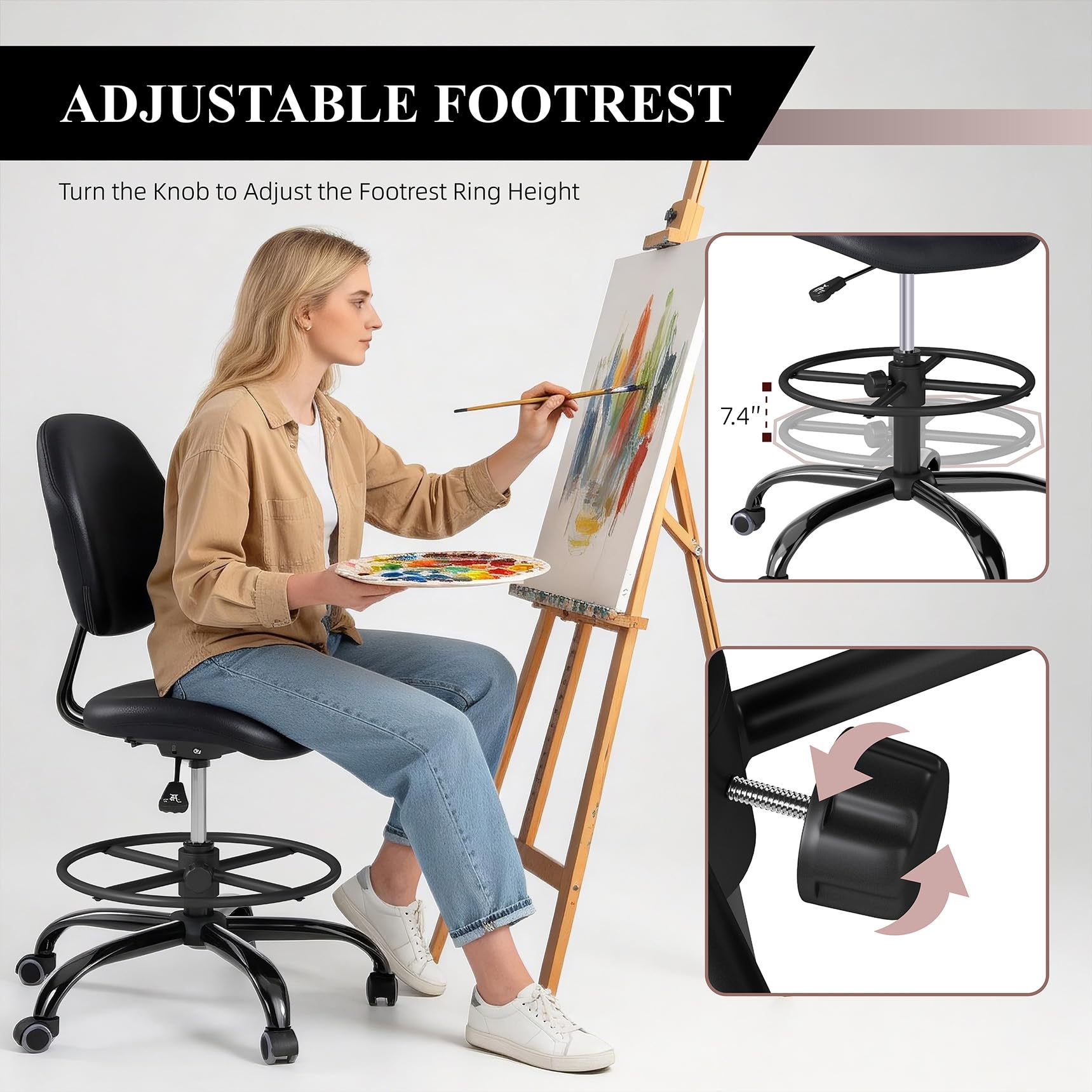 (Black, 2 Pack) Drafting Chair with Back Support, Tall/High Desk Rolling Stool, Faux Leather Office Chair with Height Adjustable for Standing Desk, Home Office, Bar, Workbench & Kitchen
