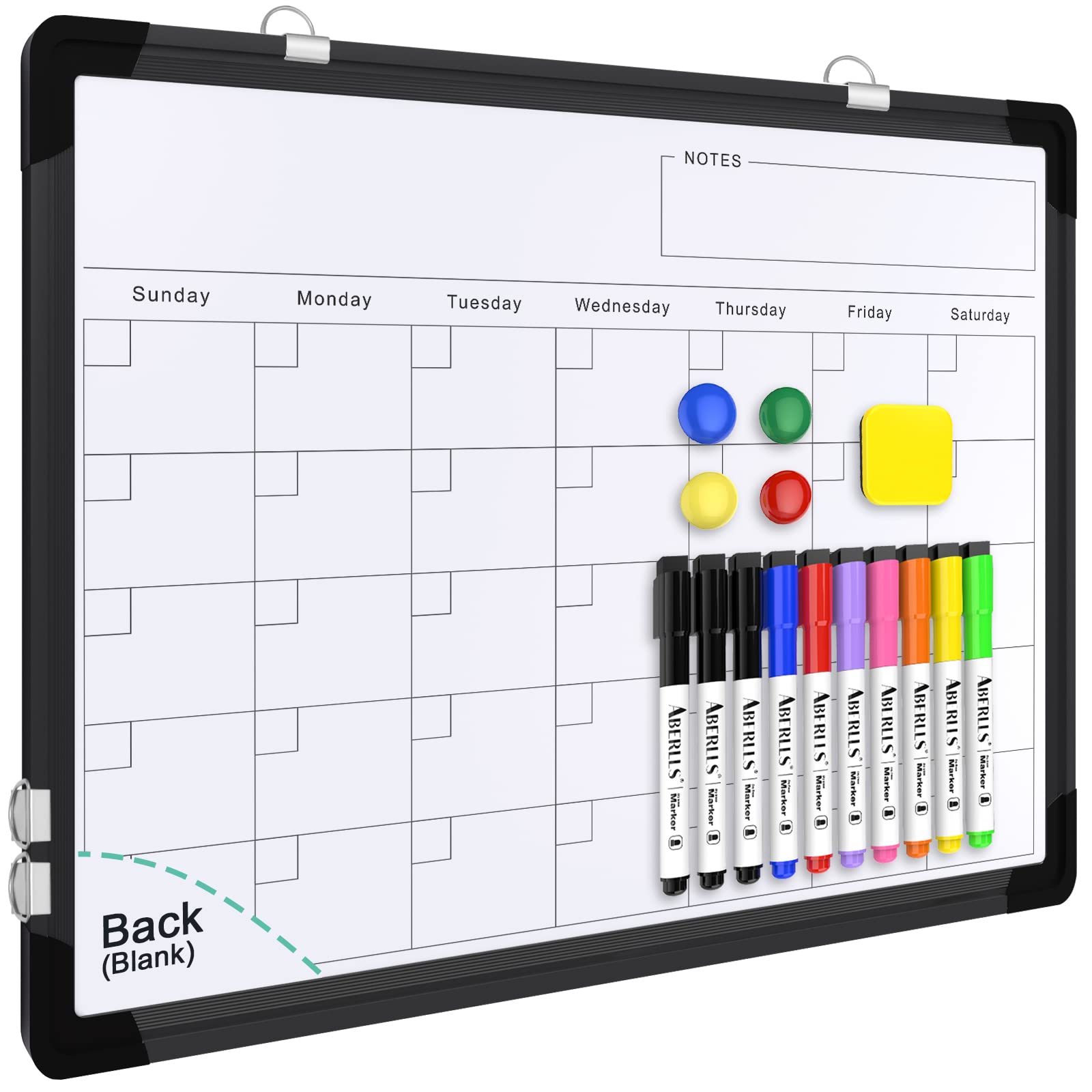 Monthly Calendar Whiteboard for Wall, 16x12 Inches Dry Erase Board, Small Magnetic White Board, Double-Sided Hanging Board for Office School Home Kitchen, Portable Board for Drawing Planning, Black