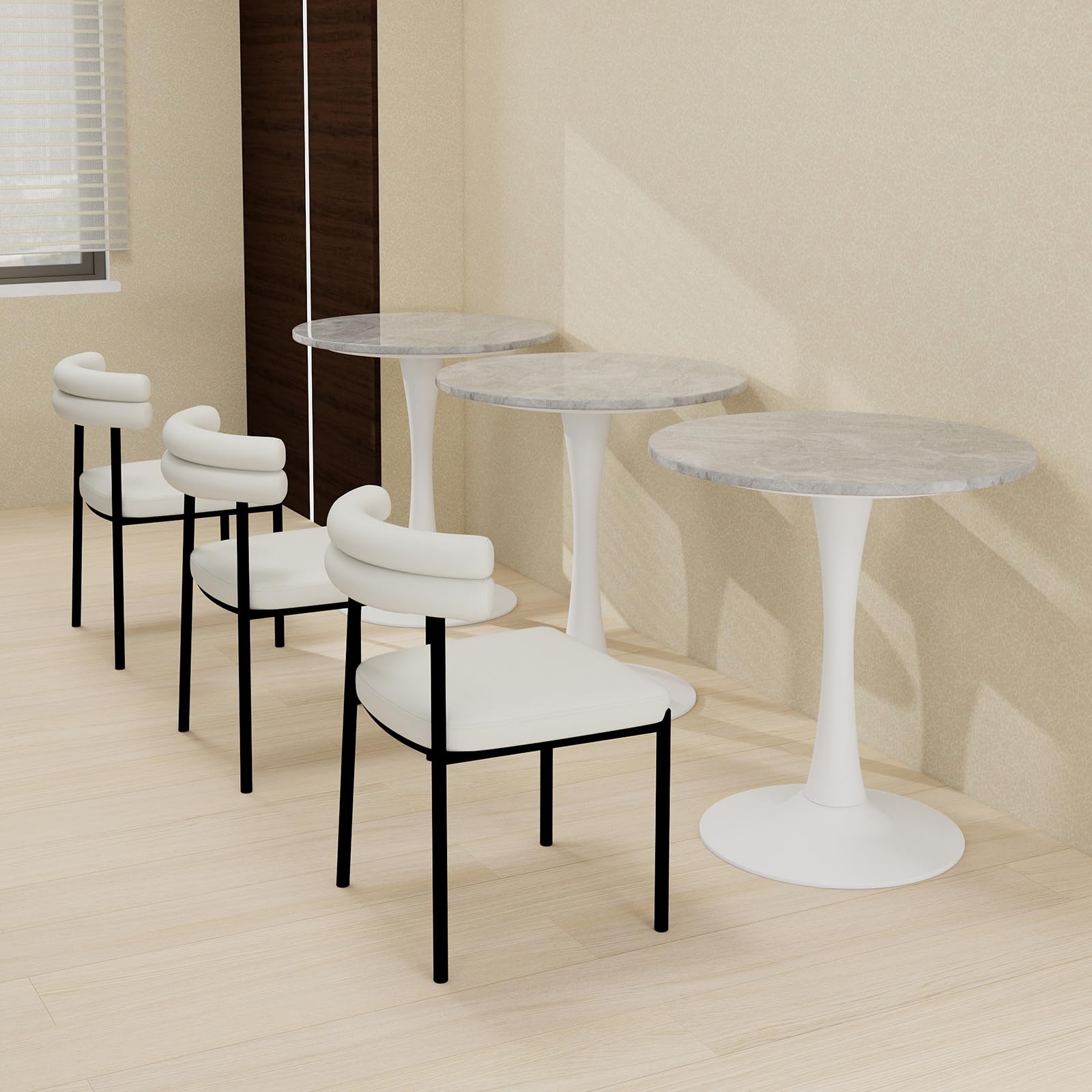 27.6" Marble Round Tulip Table, Mid-Century Modern Style Dining Table with White Pedestal Base for 2-4 People, Featuring A Marble Tabletop for Kitchen, Dining Room, Cafe (Light Grey)
