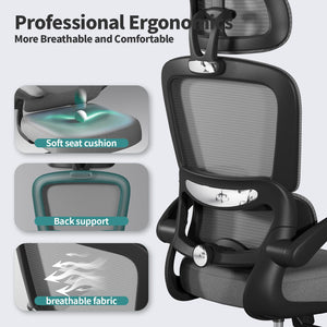 Office Chair Ergonomic Desk Chair, 330 LBS Home Mesh Office Desk Chairs with Wheels, Comfortable Gaming Chairs (Black Grey)