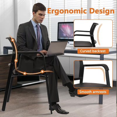 Black, Set of 8, Stackable Office Chair, Mesh Back Guest Chairs with Comfortable Leather Seat Arms Stacking Ergonomic Desk Chair No Wheels for Conference Waiting Reception School Stationary,