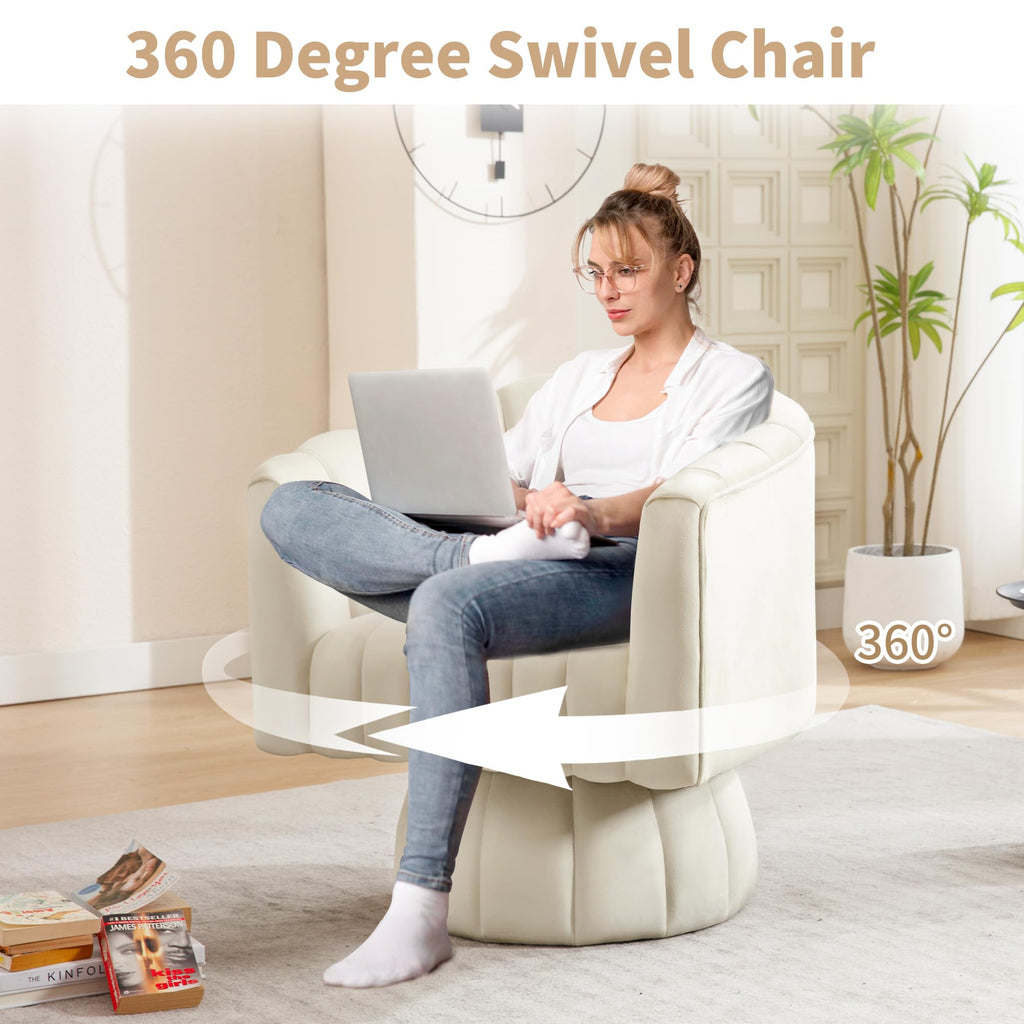 Swivel Accent Barrel Chair - Cute Comfy Small Round 360° Arm Chair Velvet Sofa Club Reading Chair for Living Room Bedroom Office Beige