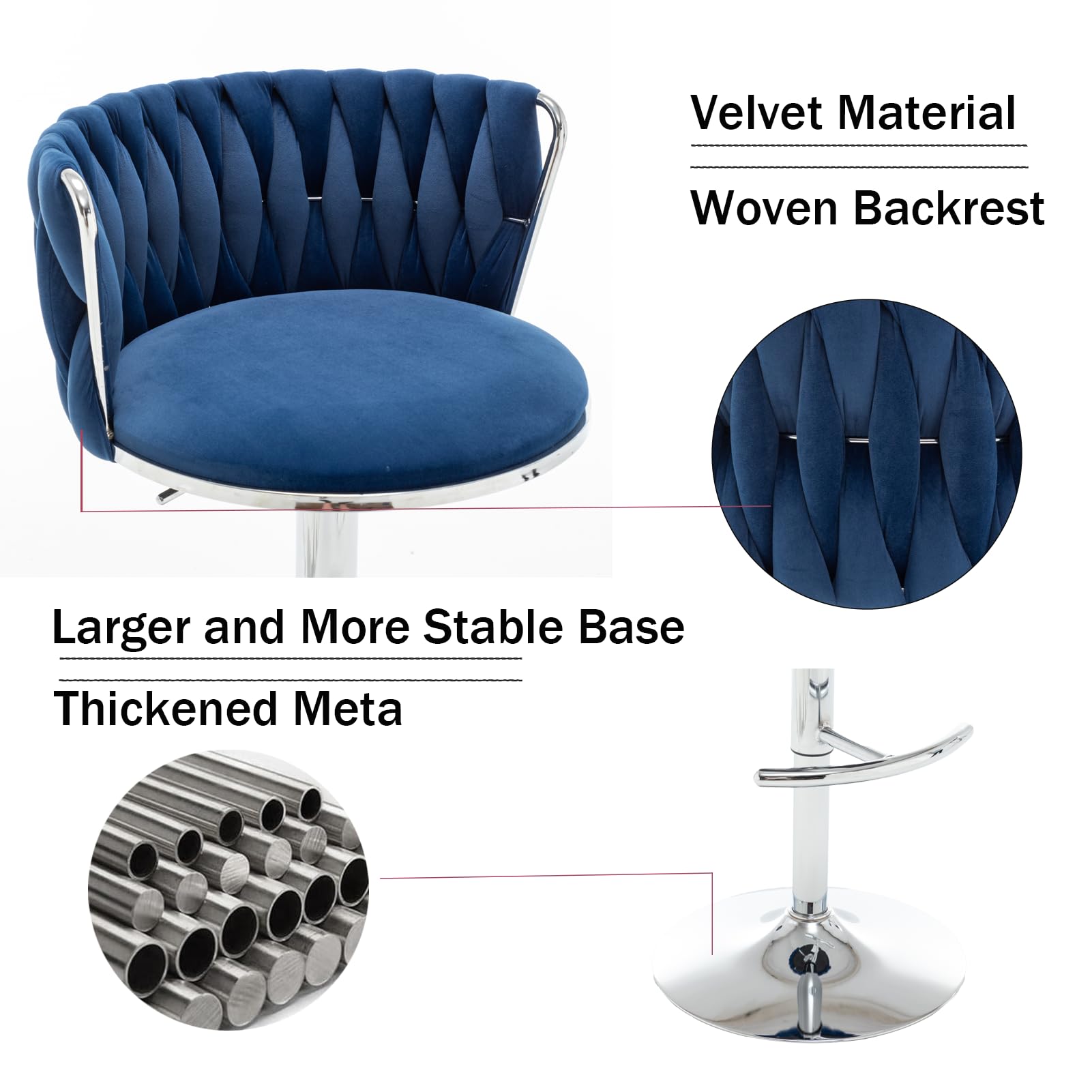 Velvet Bar Stools Set of 4, Swivel Counter Height Bar Stools with Back, Adjustable Woven Barstools for Kitchen Island, Pub, Club (Blue)