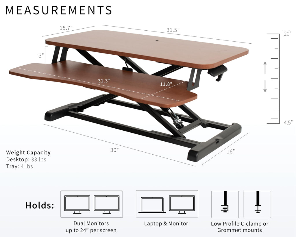 32 inch Desk Converter, K Series, Height Adjustable Sit to Stand Riser, Dual Monitor and Laptop Workstation with Wide Keyboard Tray, Dark Walnut Top, Black Frame, DESK-V000KA