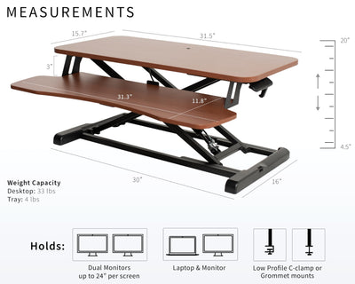 32 inch Desk Converter, K Series, Height Adjustable Sit to Stand Riser, Dual Monitor and Laptop Workstation with Wide Keyboard Tray, Dark Walnut Top, Black Frame, DESK-V000KA