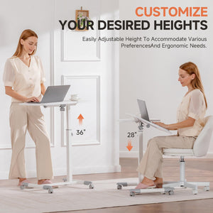 Small Standing Desk, 28 Inches Tiltable Mobile Rolling Laptop PC Table with Lockable Casters, Adjustable Height Overbed Bedside Table Computer Workstation for Home Office, White-Tiltable