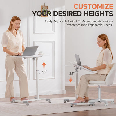 Small Standing Desk, 28 Inches Tiltable Mobile Rolling Laptop PC Table with Lockable Casters, Adjustable Height Overbed Bedside Table Computer Workstation for Home Office, White-Tiltable