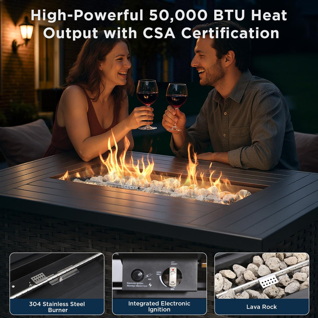 Patio Furniture Set with 42.5" Fire Pit Table-6 Pieces All Weather Wicker Outdoor Furniture with High Back Swivel Patio Chairs Set of 2 Outdoor Couch for Deck Balcony Backyard Blue/Gray