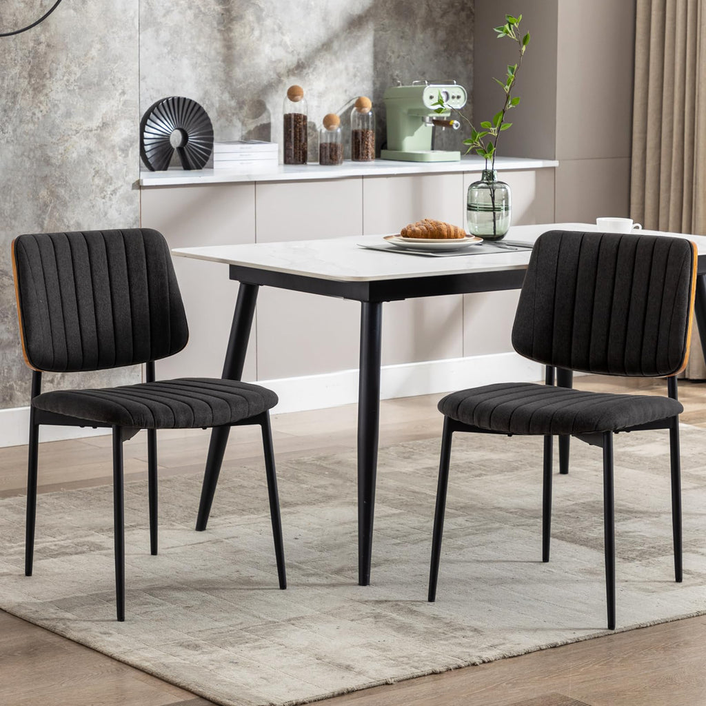 Black Fabric Dining Chairs Set of 2, Mid Century Modern Dining Chairs Walnut Bentwood,Armless Kitchen Chairs with Metal Legs Adjustable Foot for Dining Room（Walnut Black）