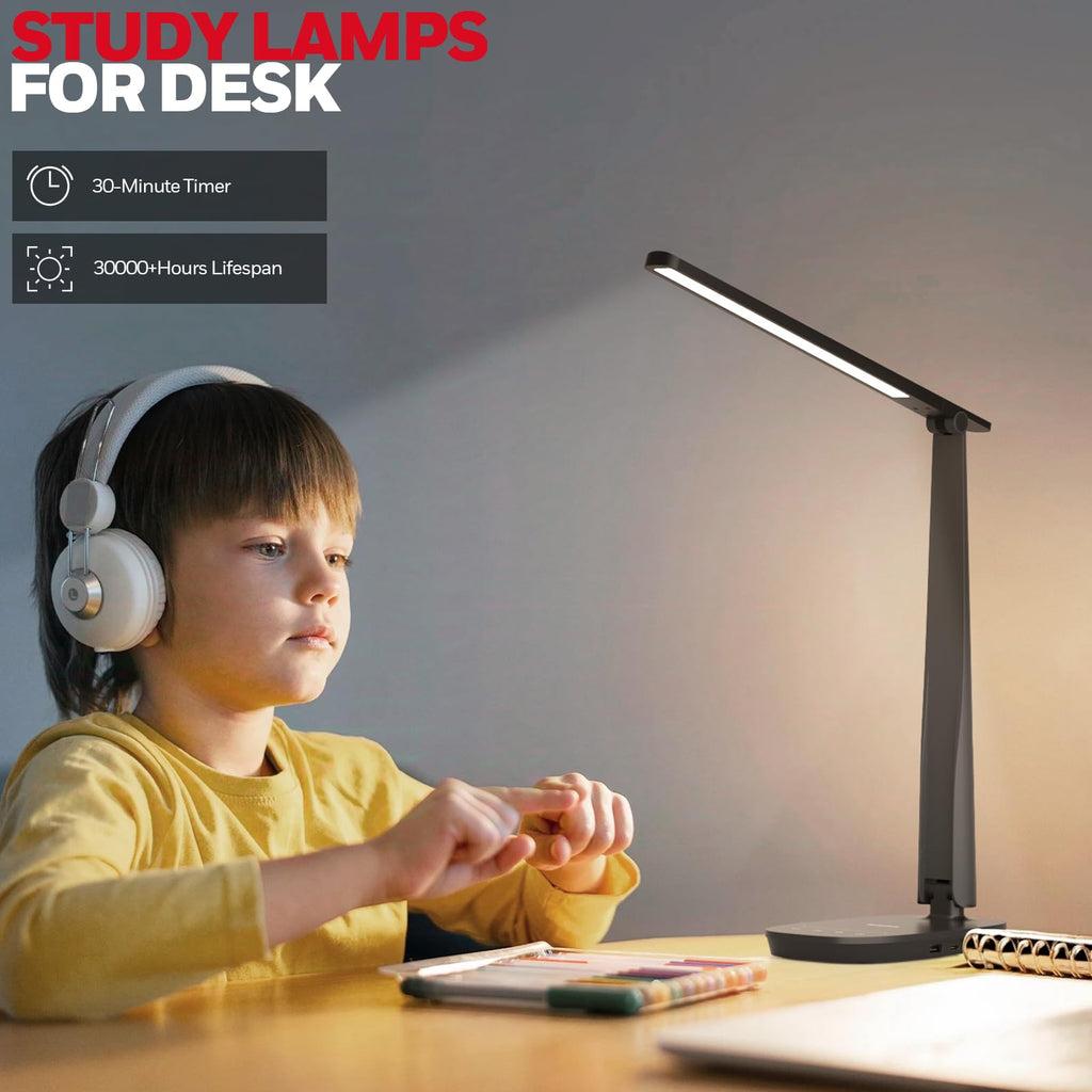 LED Desk Lamp for Home Office, Eye-Caring Light with 4 Color Modes & Touch Control, USB A+C Charging Ports, Adjustable Rotating Head with Timer for Reading, Bedroom & Small Desks