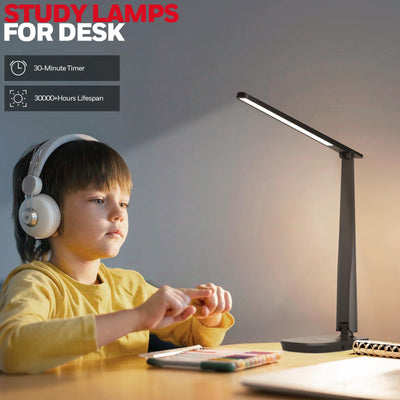 LED Desk Lamp for Home Office, Eye-Caring Light with 4 Color Modes & Touch Control, USB A+C Charging Ports, Adjustable Rotating Head with Timer for Reading, Bedroom & Small Desks