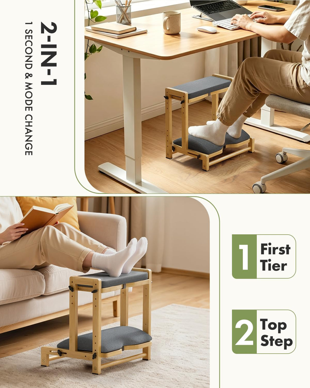 Double Step Foot Rest for Under Desk, 4 Adjustable Heights Bamboo Under Desk footrest with Soft Cushion, Dual-Layer Desk Foot Stool for Office Home Gaming, Natural Wood Foot Rests for Work