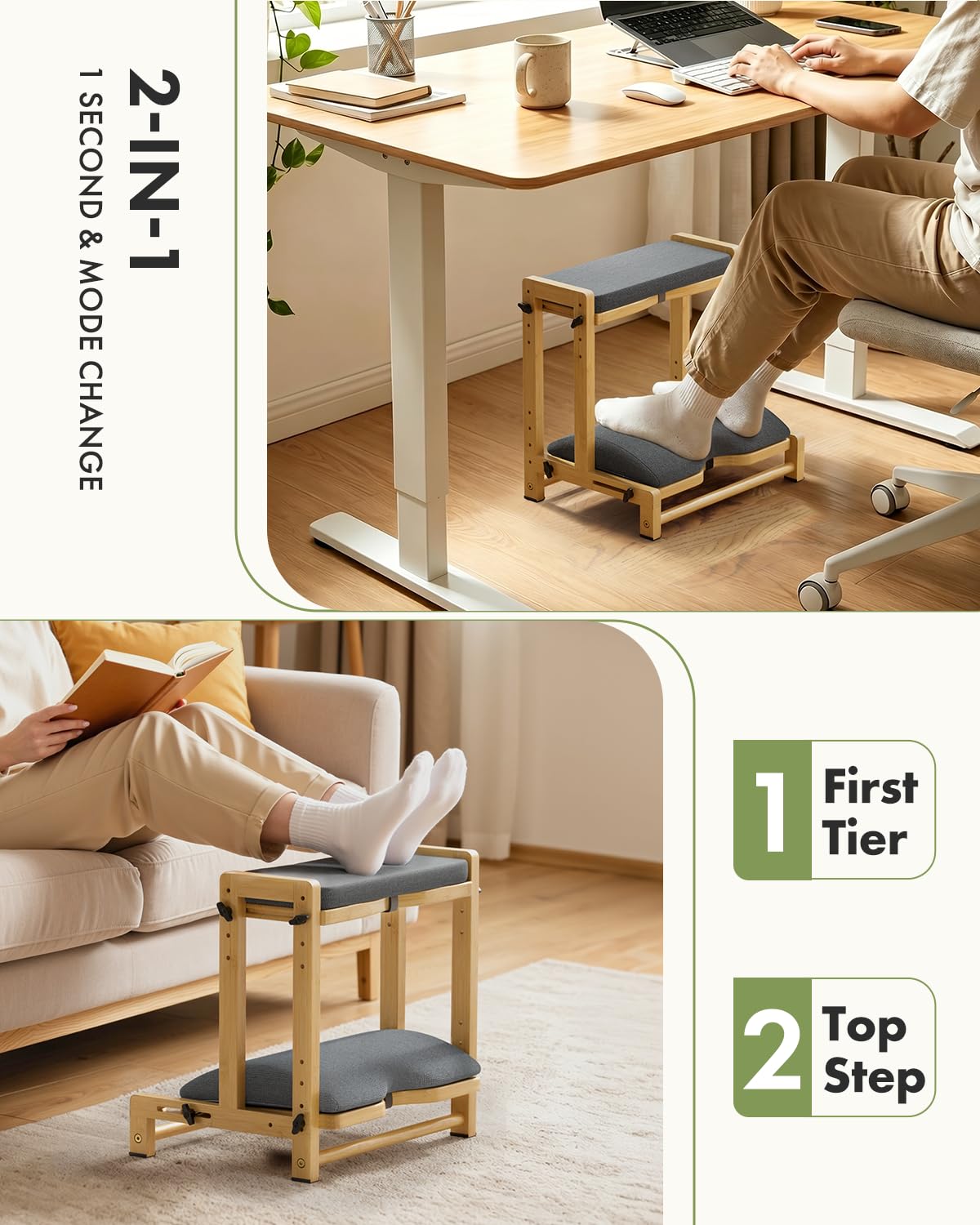 Double Step Foot Rest for Under Desk, 4 Adjustable Heights Bamboo Under Desk footrest with Soft Cushion, Dual-Layer Desk Foot Stool for Office Home Gaming, Natural Wood Foot Rests for Work