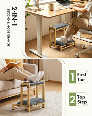 Double Step Foot Rest for Under Desk, 4 Adjustable Heights Bamboo Under Desk footrest with Soft Cushion, Dual-Layer Desk Foot Stool for Office Home Gaming, Natural Wood Foot Rests for Work