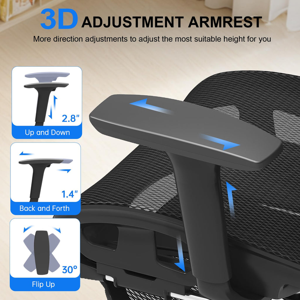Ergonomic Mesh Office Chair, Home Desk Chair Comfy with Adjustable Lumbar Support 3D Headrest and Armrests, Reclining Big and Tall High Back Computer Gaming Chairs for Man Women, 350lbs Black