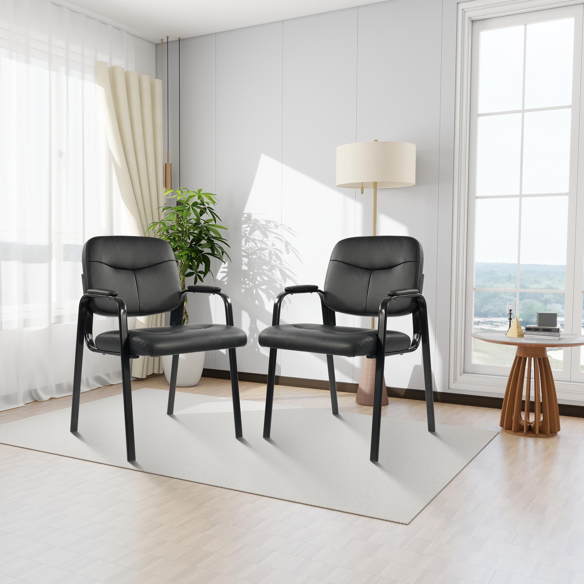 Waiting Room Chairs No Wheels Set of 4, Leather Stationary Office Reception Guest Chair with Padded Arms for Elderly Desk Conference Room Lobby Table Side Salon
