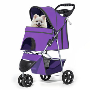 3 Wheels Pet Dog Cat Stroller for Small Medium Dogs Cats, Lightweight Foldable Jogger Stroller w/Storage Basket and Cup Holder, Purple