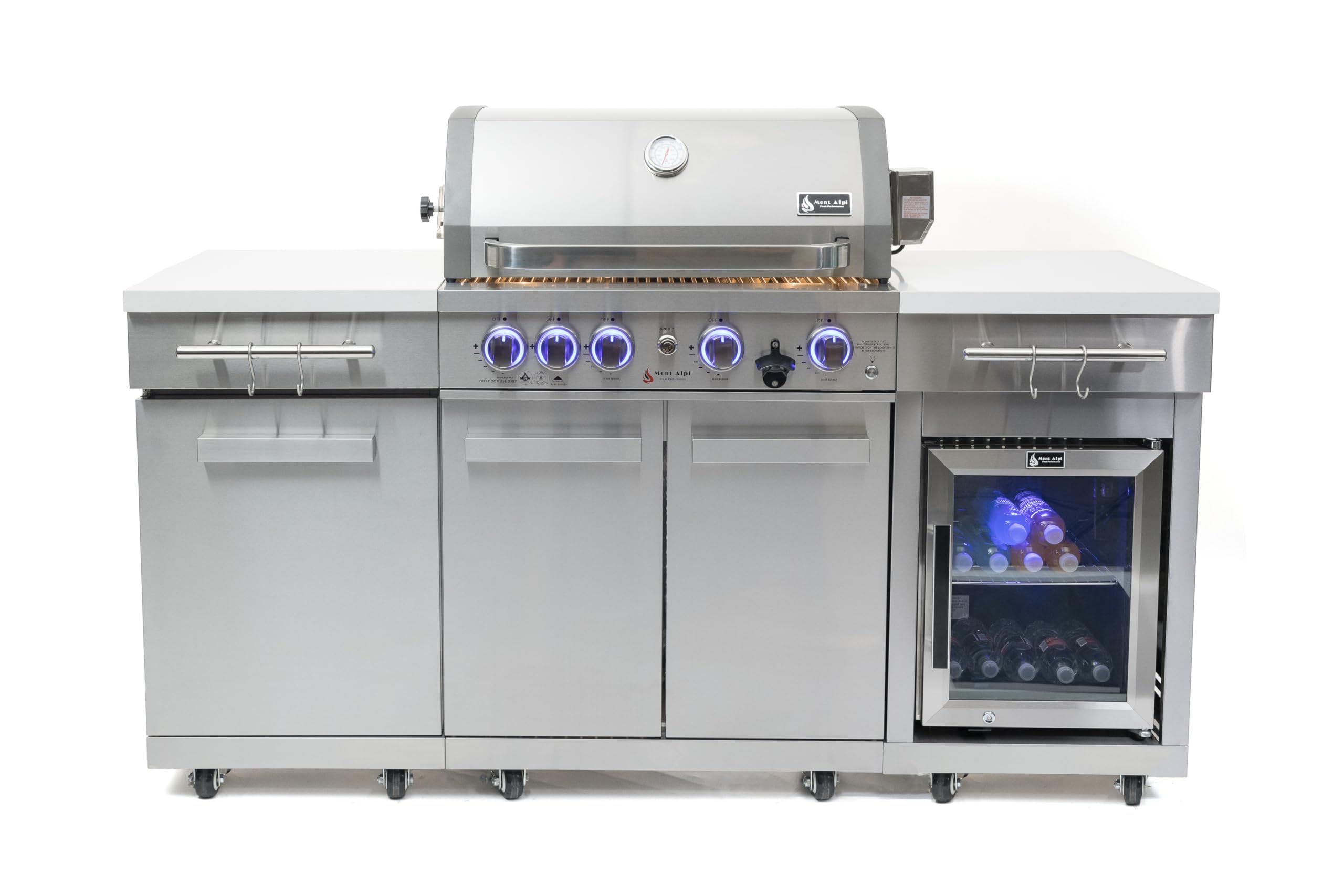 Premium 70"W x 24"D Stainless Steel Compact Outdoor Kitchen Island with Refrigerator + 32"W 4-Burner BBQ Grill with Infrared Rotisserie Burner + Storage Cabinets + White Granite Countertops