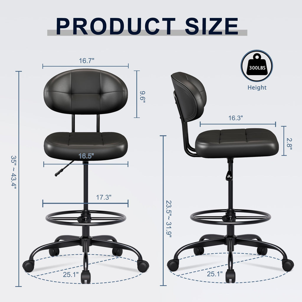 Drafting Chair Without Arms, Tall Office Chair with Footrest Ring for Standing Desk, Small Faux Leather Executive Office Chair with Adjustable Height for Bar Lab Counter Height Desk, Black