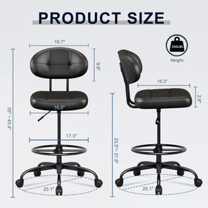 Drafting Chair Without Arms, Tall Office Chair with Footrest Ring for Standing Desk, Small Faux Leather Executive Office Chair with Adjustable Height for Bar Lab Counter Height Desk, Black
