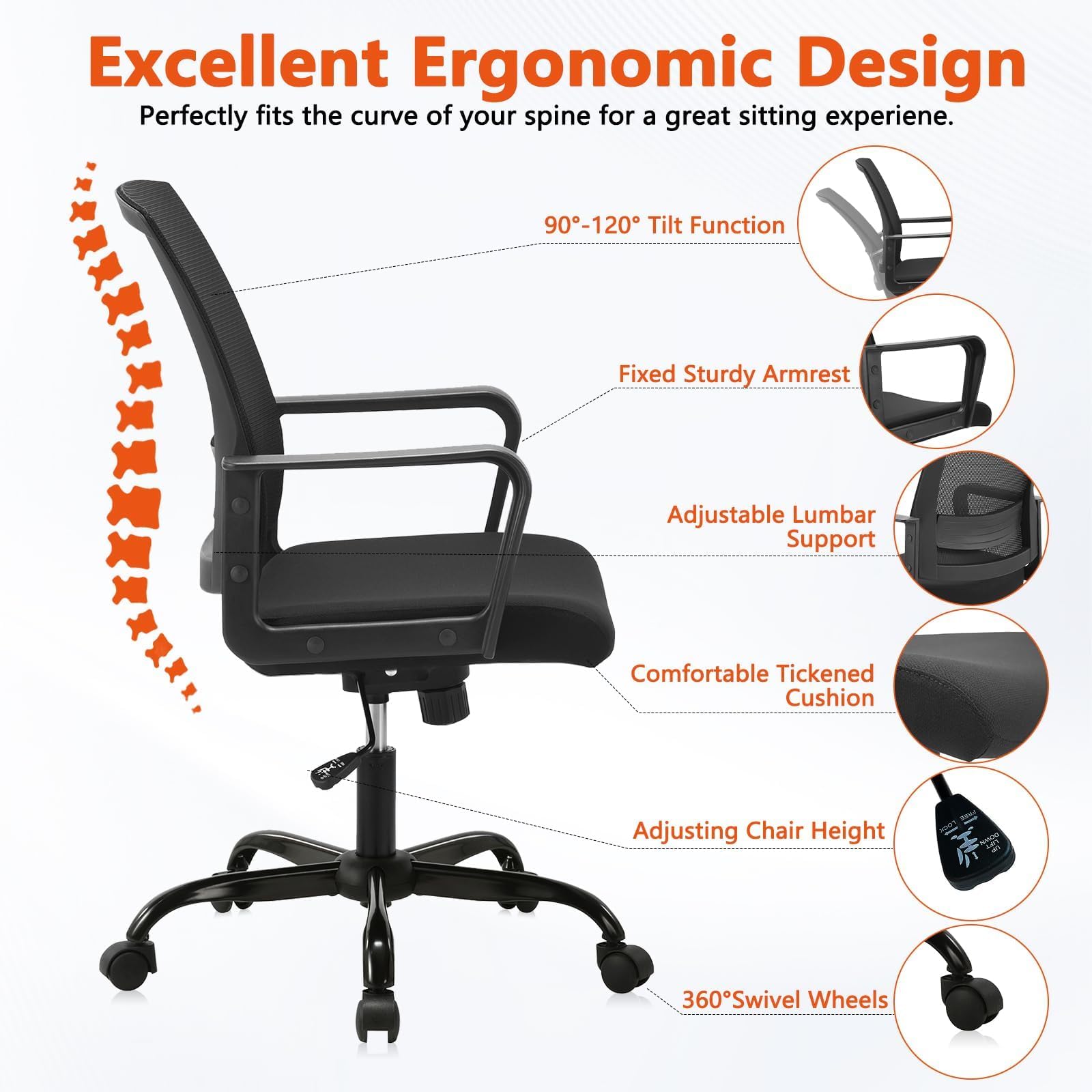 Ergonomic Rolling Mesh Desk Chair with Executive Lumbar Support and Adjustable Swivel Design for Home Office Computer Black 20 Pack