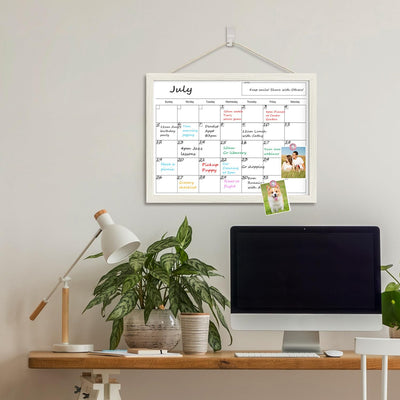 Calendar Whiteboard for Wall, 17x13 Inches Dry Erase Calendar for Wall, Small Magnetic Monthly White Board with Wood Framed, Hanging Dry Erase Board for Kitchen Home Office School Planner