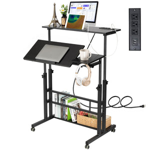 Stand Up Desk, Rolling Desk Adjustable Height, Mobile Standing Desk with Wheels & Charging Station, Portable Stand for Laptop, Rolling Computer Cart TV Tray, Small Standing Desk Drawing Table