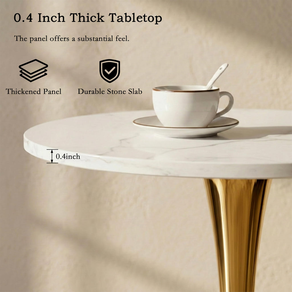 27.6" Marble Round Tulip Table, Mid-Century Modern Style Dining Table with Gold Pedestal Base for 2-4 People, Featuring A Marble Tabletop for Kitchen, Dining Room, Cafe (White)