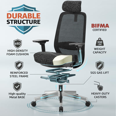 Office Chair Ergonomic Desk Chair High-Back Mesh Desk Chair with Adjustable Lumbar Support and Headrest 4D Armrests for Long Hours Sitting Black