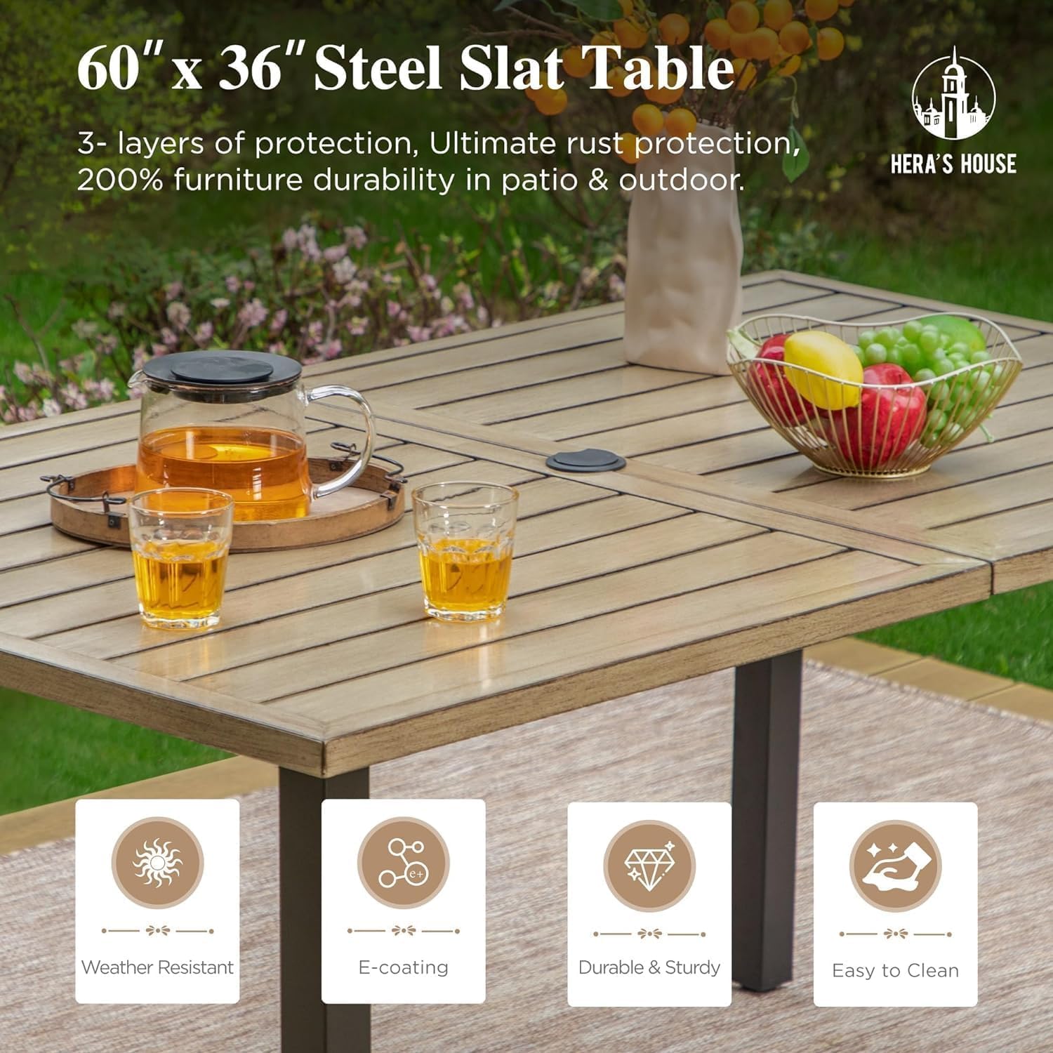 Patio Table and Chairs for 6, 7 Pieces Outdoor Deck Dining Sets, Wood-Like Rectangular Metal Table Set with Chairs for Lawn Garden Backyard, Blue