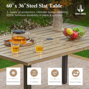 Patio Table and Chairs for 6, 7 Pieces Outdoor Deck Dining Sets, Wood-Like Rectangular Metal Table Set with Chairs for Lawn Garden Backyard, Blue