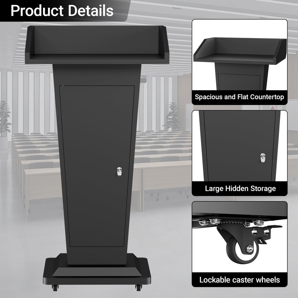 Metal Podium Stand with 4 Locking Wheels, Mobile Metal Lectern with Storage Cabinets, Laptop Desk, 46.5”H Modern Pulpit for Church, School, Office and Conference, Black