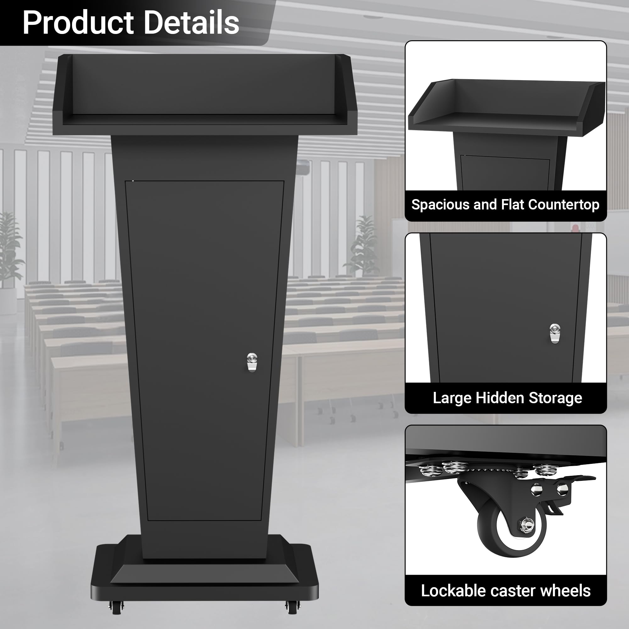 Metal Podium Stand with 4 Locking Wheels, Mobile Metal Lectern with Storage Cabinets, Laptop Desk, 46.5”H Modern Pulpit for Church, School, Office and Conference, Black