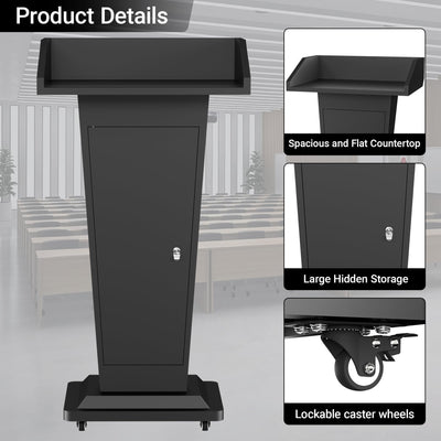 Metal Podium Stand with 4 Locking Wheels, Mobile Metal Lectern with Storage Cabinets, Laptop Desk, 46.5”H Modern Pulpit for Church, School, Office and Conference, Black