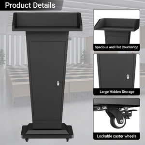 Podium Stand with Wheels, Heavy-Duty Metal Lecterns & Podiums with Storage, 46.5”H Portable Pulpits for Churches, Classrooms and Conferences, Scratch-Resistant Surface, Black