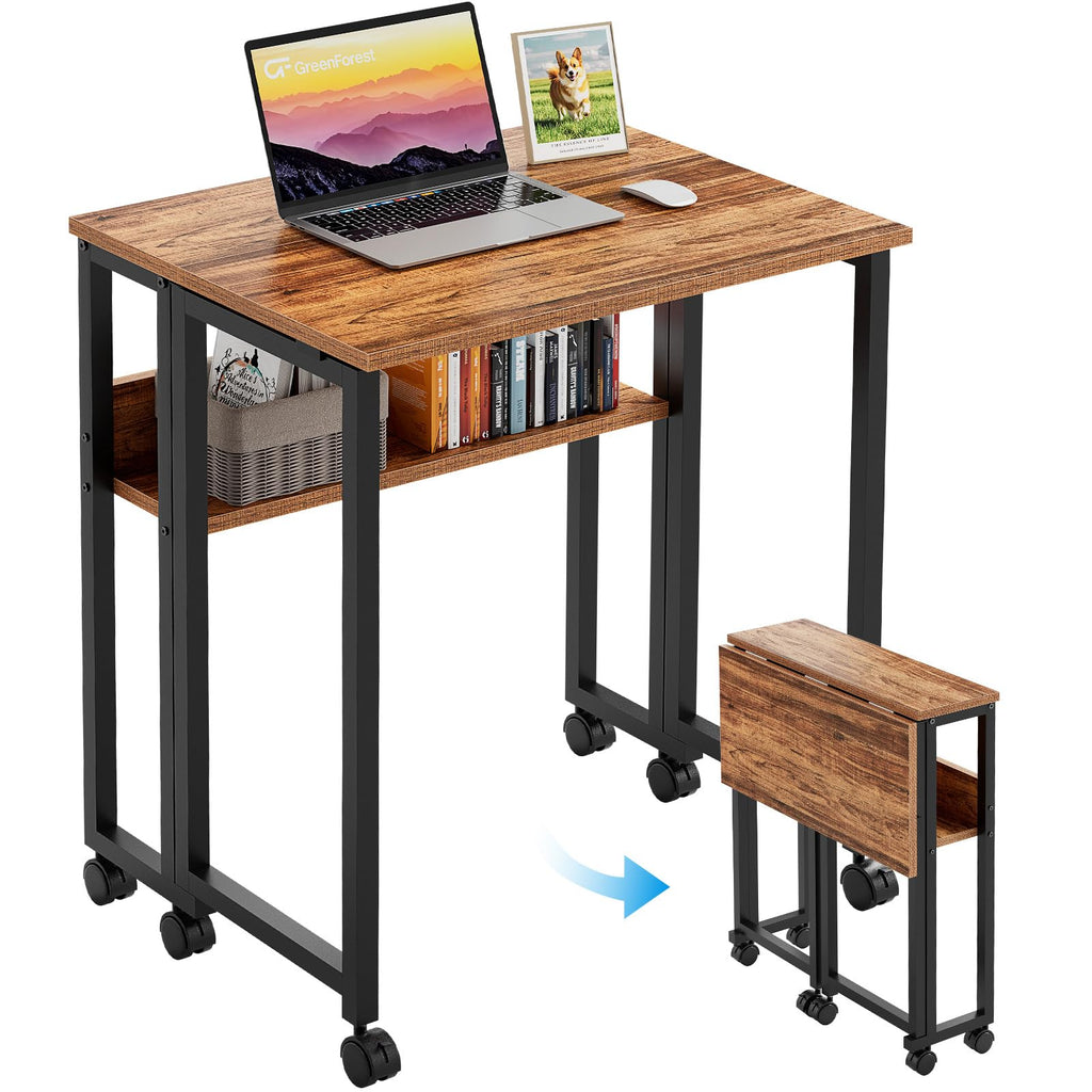 Folding Desk with Wheels, 31.5 Inch Compact Rolling Computer Table with Storage Shelf, Portable Mobile Workstation for Small Spaces, Easy Assembly, Walnut