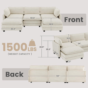 112'' Sectional Modular Cloud Couch, Oversized 5 Seat Couches U Shaped Sofa with 2 Movable Ottomans, 2 Throw Pillows, Upholstered Corduroy U Shape Comfy Deep Couches for Living Room and Office, Beige