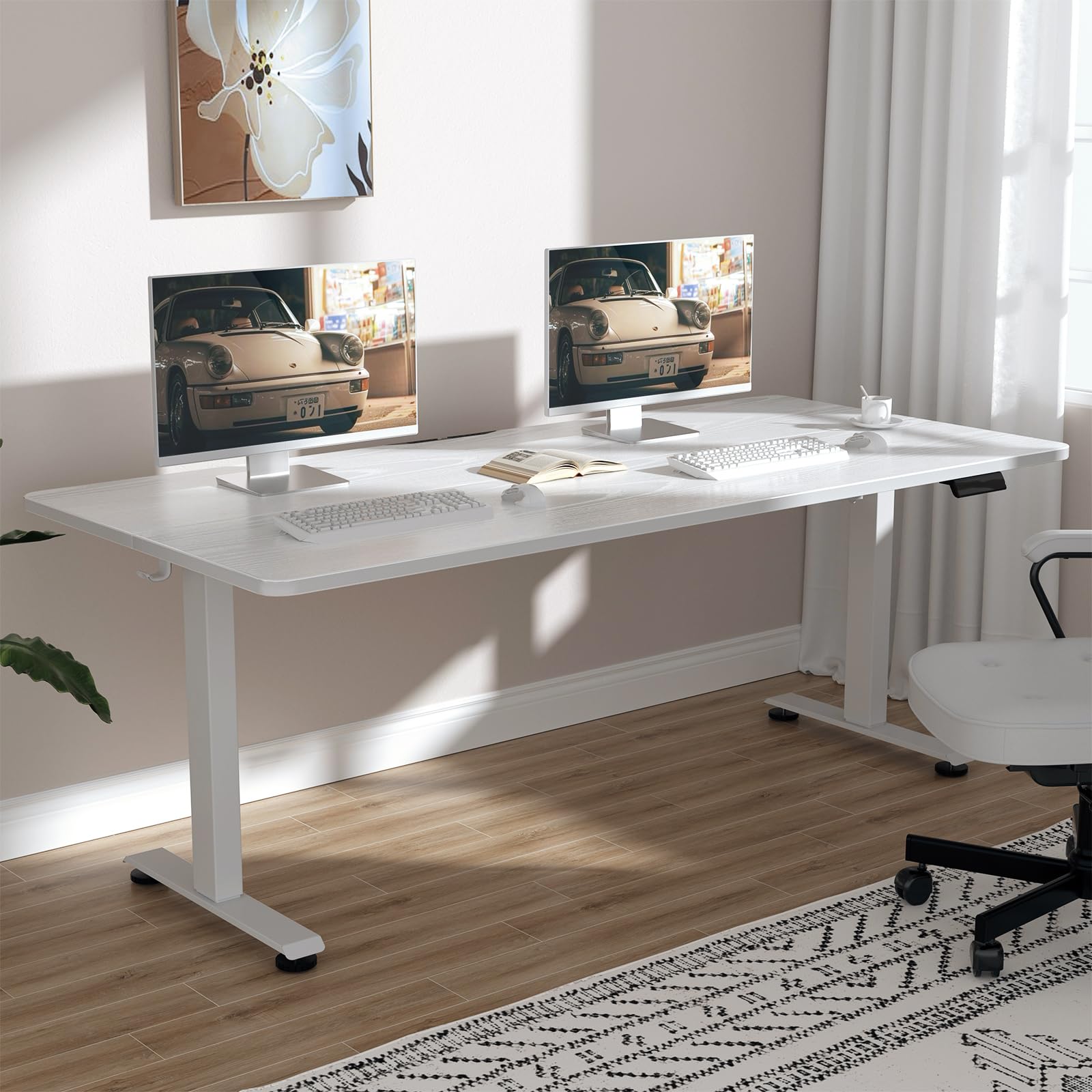 63x23.6 Inch Large Electric Standing Desk, Heights Adjustable,Sit to Stand Up, Work Home Office Computer Table for Walking Pad, Wooden Desktop Desks, White