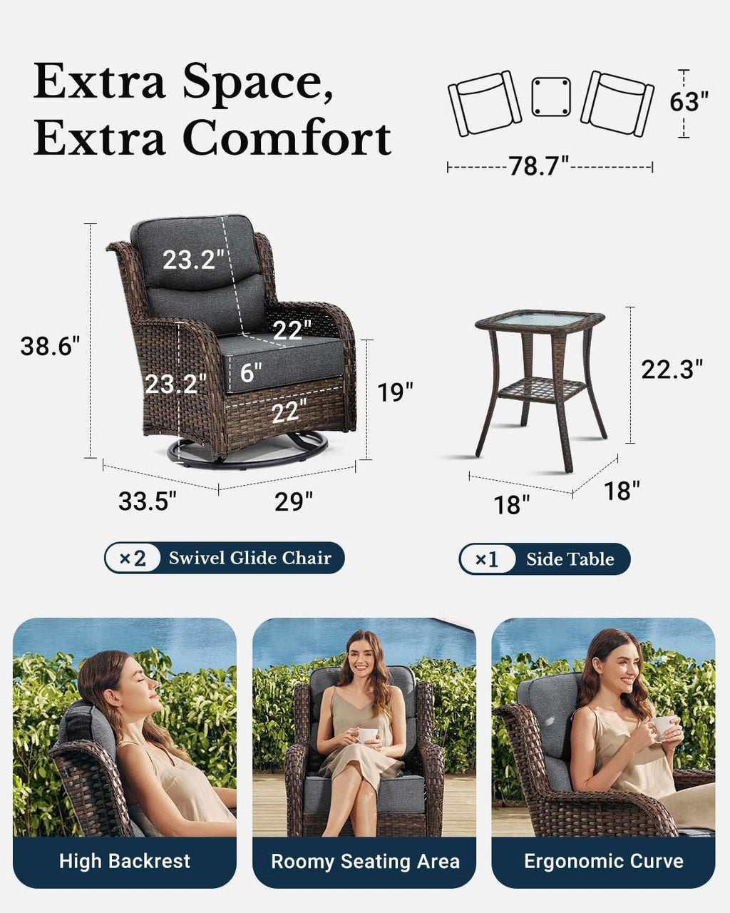 Luxury Patio Furniture Set with 6-inch Thick Cushion, Outdoor High Back Swivel Rocker Patio Chairs, 3PCS Wicker Conversation Set for Deck Yard and Poolside, Dark Grey (V2)