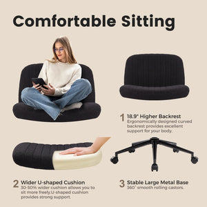 Criss Cross Chair Cross Legged Office Chair with Wheels Armless Wide Seat Desk Chairs Height Adjustable Computer Task Chairs Swivel Vanity Chair for Home Office Bedroom Make Up Teddy Fabric Black