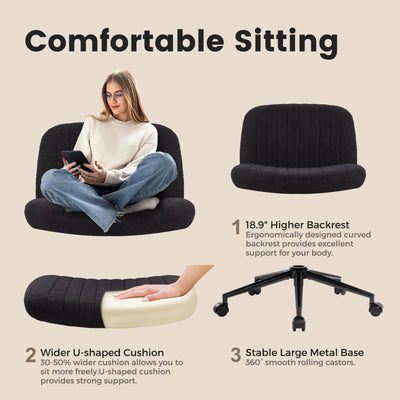 Criss Cross Chair Cross Legged Office Chair with Wheels Armless Wide Seat Desk Chairs Height Adjustable Computer Task Chairs Swivel Vanity Chair for Home Office Bedroom Make Up Teddy Fabric Black