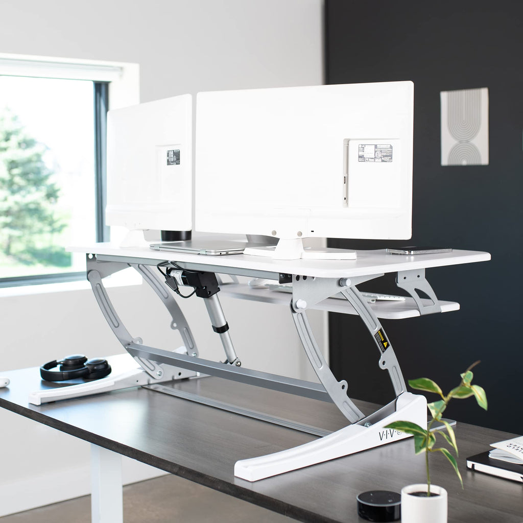 36 inch Height Adjustable Stand Up Desk Converter, V Series, Quick Sit to Stand Tabletop Dual Monitor Riser Workstation, White, DESK-V000VW