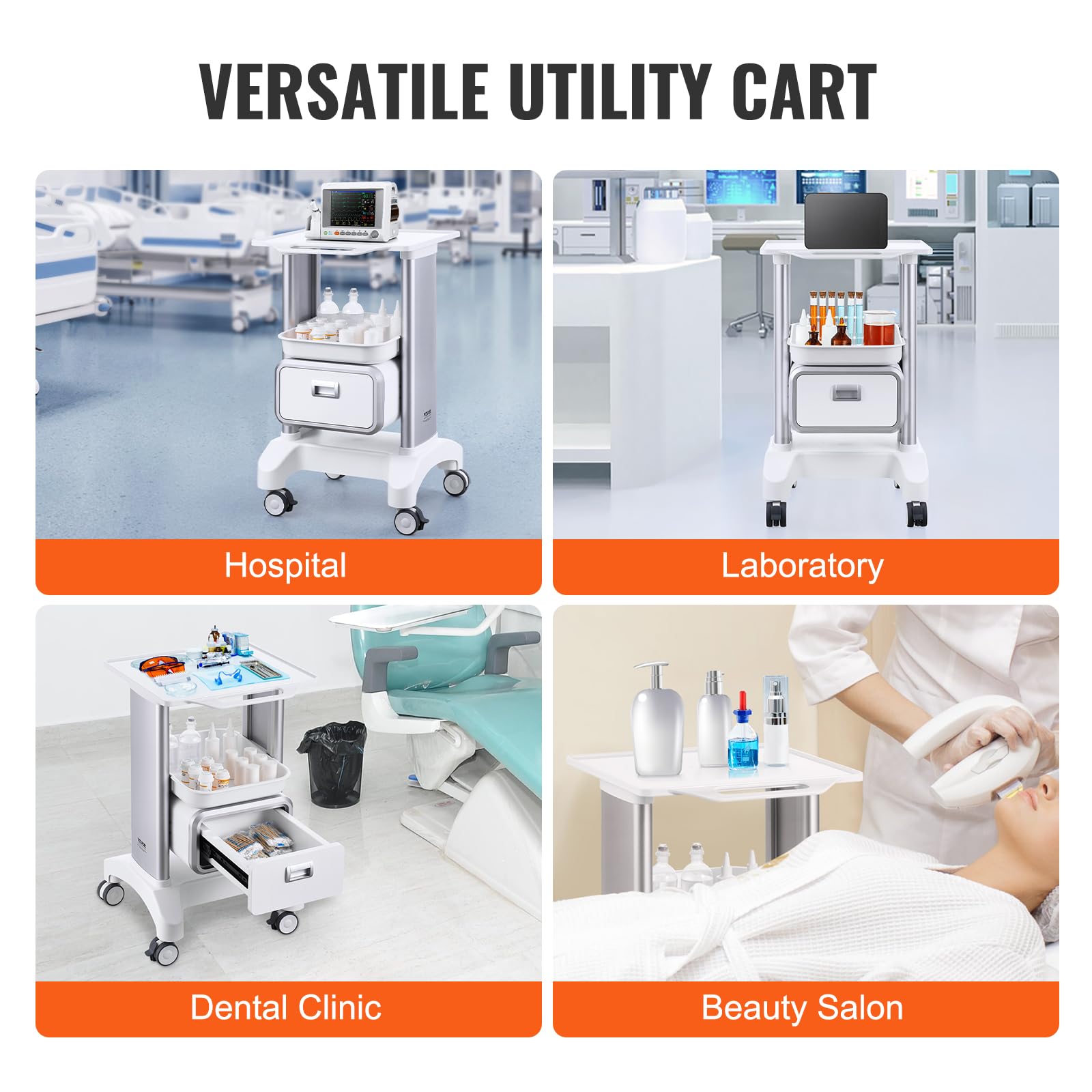 Medical Trolley Storage Cart with Removable Drawer, Rolling Lab Tray Cart with Wheels for Ultrasound, Dental Clinic, Lab, Beauty Salon, Office