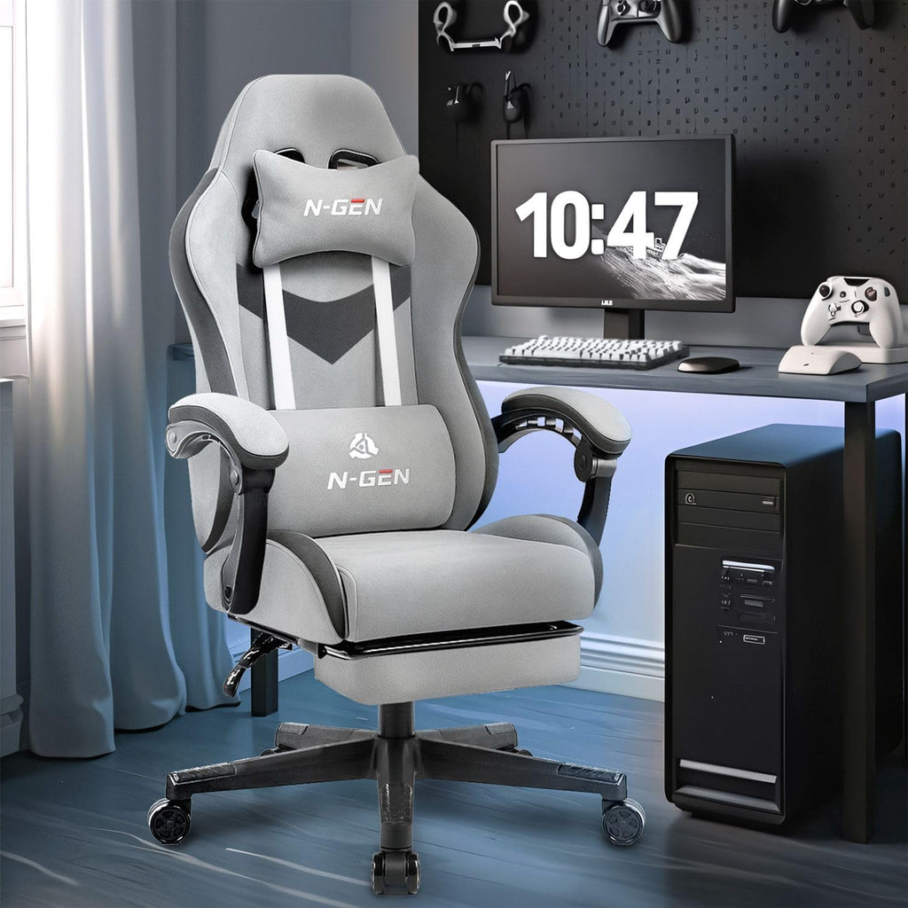 Video Gaming Chair with Footrest Lumbar Support for Home Office High Back Recliner Height Adjustable Ergonomic Comfy Fabric Computer Desk Chair (Grey)