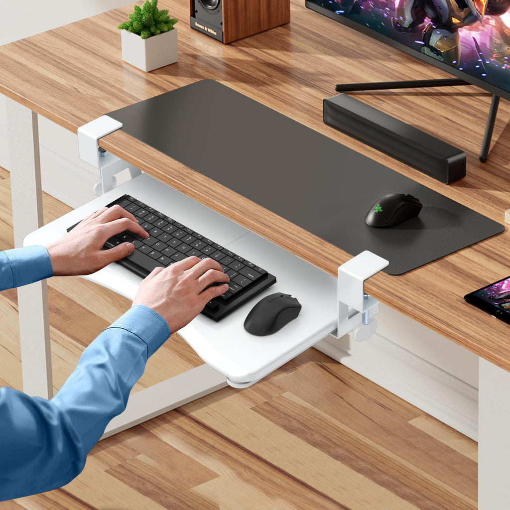 Small Keyboard Tray Under Desk Pull Out with C Clamp Mount, Computer Keyboard & Mouse Tray, 20 (24.2 Including Clamps) x 11.8 inch Slide-Out Platform Computer Drawer for Typing, White, DSF1SW