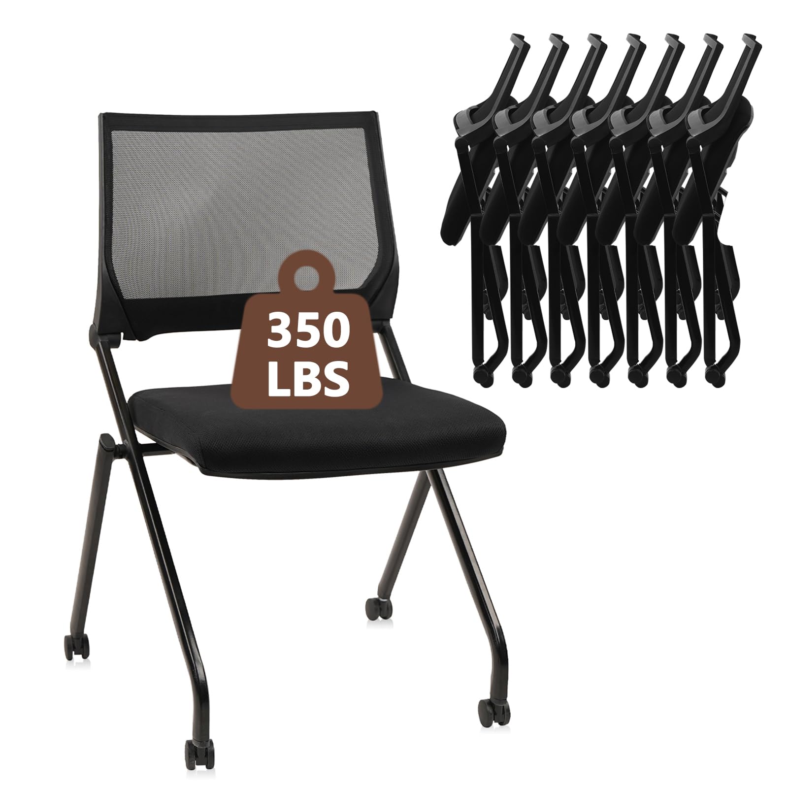 8PACK, Stackable & Foldable Chairs with Wheels, Reception Guest Chairs with Lumbar Support, Ergonomic Mesh Back Folding Chair for Office Schools Training Conference Waiting Room, Black