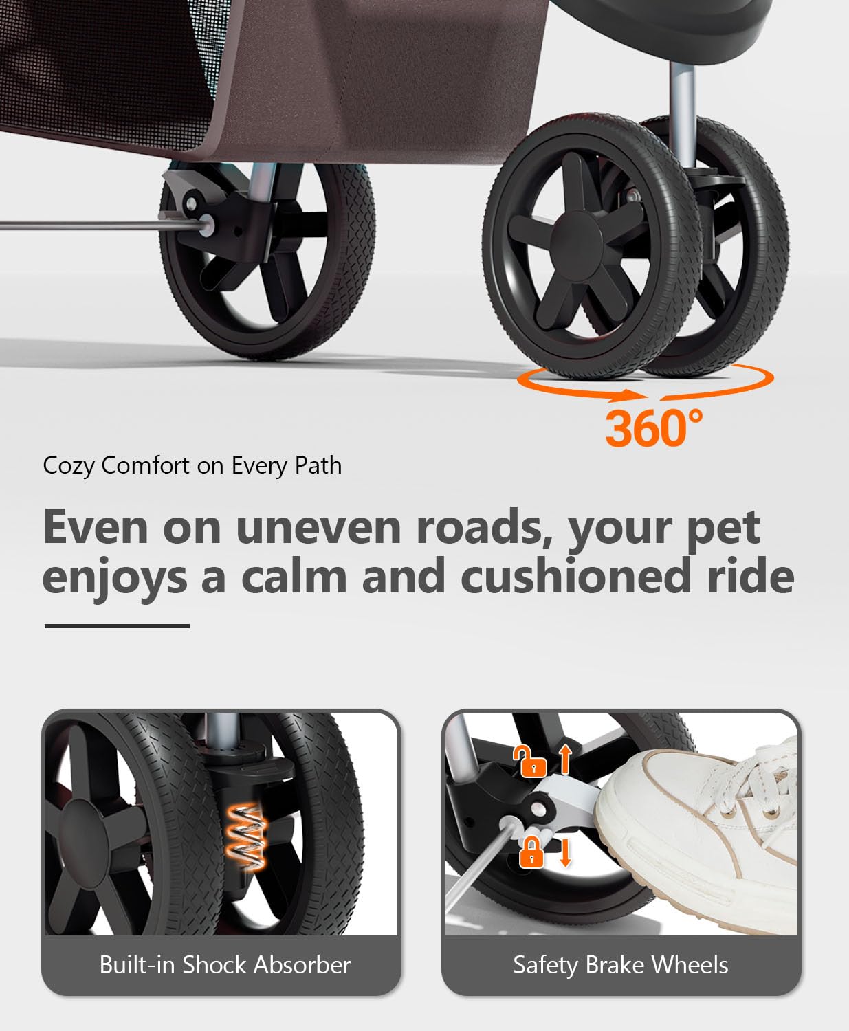 Pet Stroller with 3 Wheels for Small/Medium Pets, Portable Travel Foldable Carrier Jogger for Dog Cat Puppy Kitty, Rear Wheel Breaks, Storage Basket, Visible Mesh with Weather Cover (Coffee)