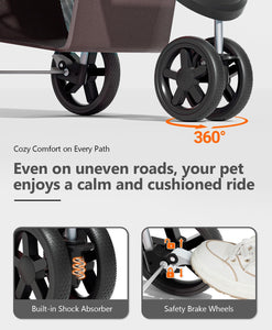 Pet Stroller with 3 Wheels for Small/Medium Pets, Portable Travel Foldable Carrier Jogger for Dog Cat Puppy Kitty, Rear Wheel Breaks, Storage Basket, Visible Mesh with Weather Cover (Coffee)